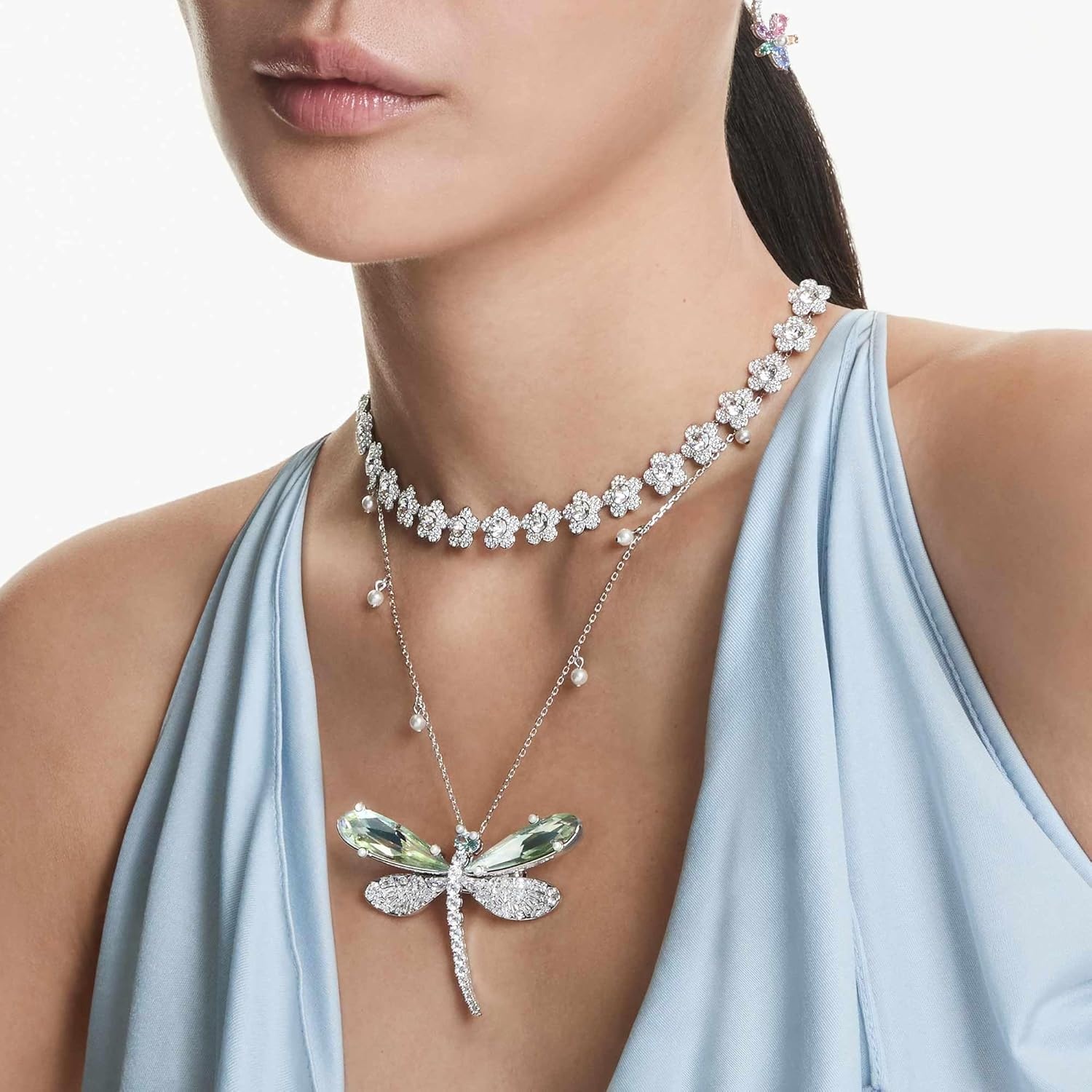 image:imageSwarovski x Ariana Grande Official Dragonfly Motif Jewelry Collection Brooch Pendant Necklace Earrings Mixed Cut Multicolored Stones Rhodium FinishMulticolored PendantBrooch