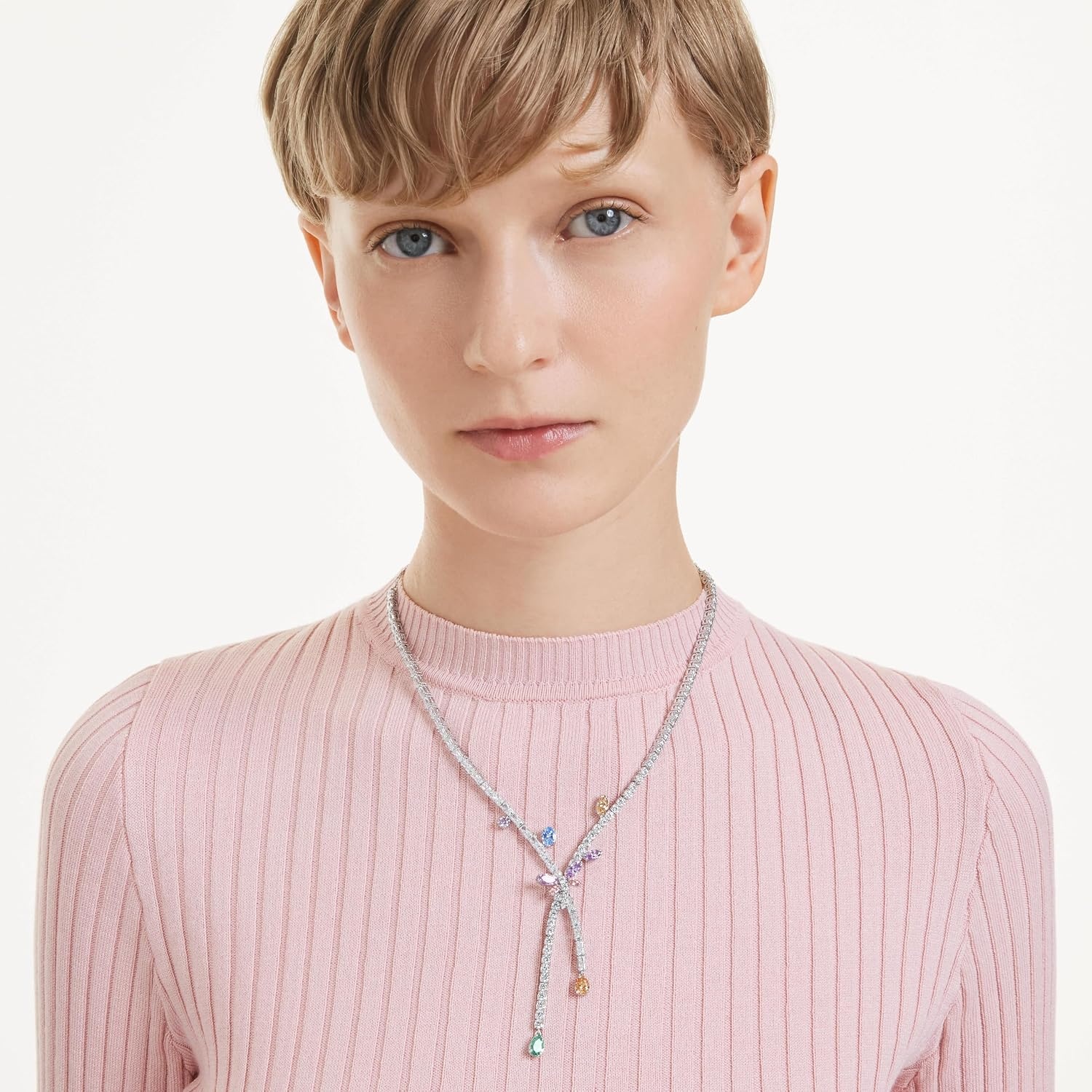 image:imageSwarovski x Ariana Grande Official Dragonfly Motif Jewelry Collection Brooch Pendant Necklace Earrings Mixed Cut Multicolored Stones Rhodium FinishMulticolored Cross Over Necklace