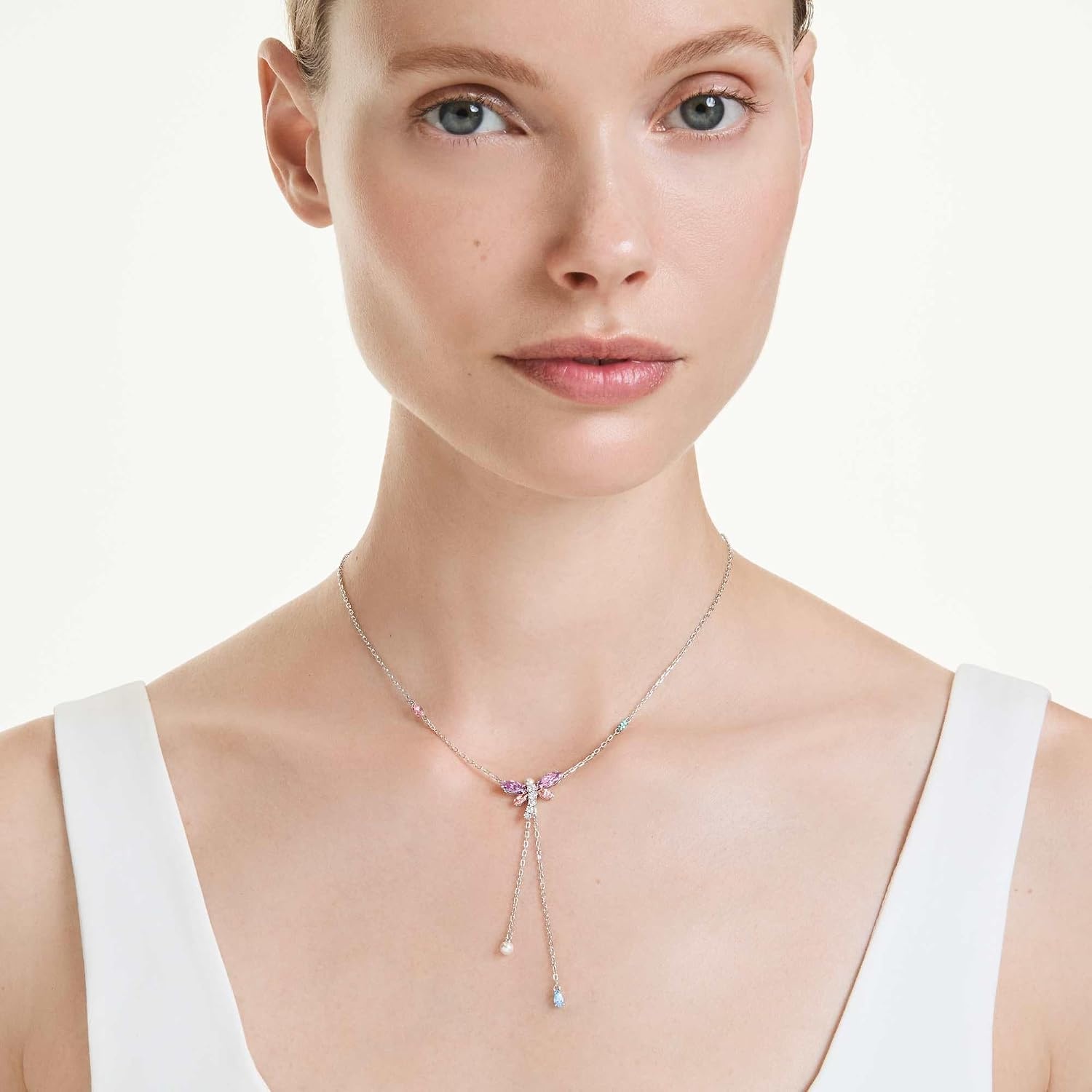 image:imageSwarovski x Ariana Grande Official Dragonfly Motif Jewelry Collection Brooch Pendant Necklace Earrings Mixed Cut Multicolored Stones Rhodium FinishMulticolored Y Necklace