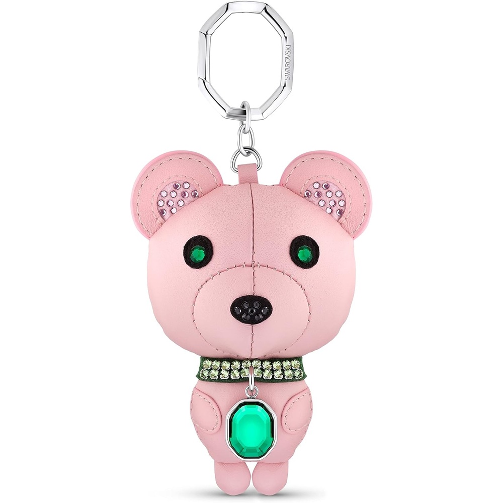 image:imageSWAROVSKI Icons Stainless Steel 3D Key Ring Kris Bear Character with Pink Leather and Bright Green Crystals Part of The Swarovski Icons Collection