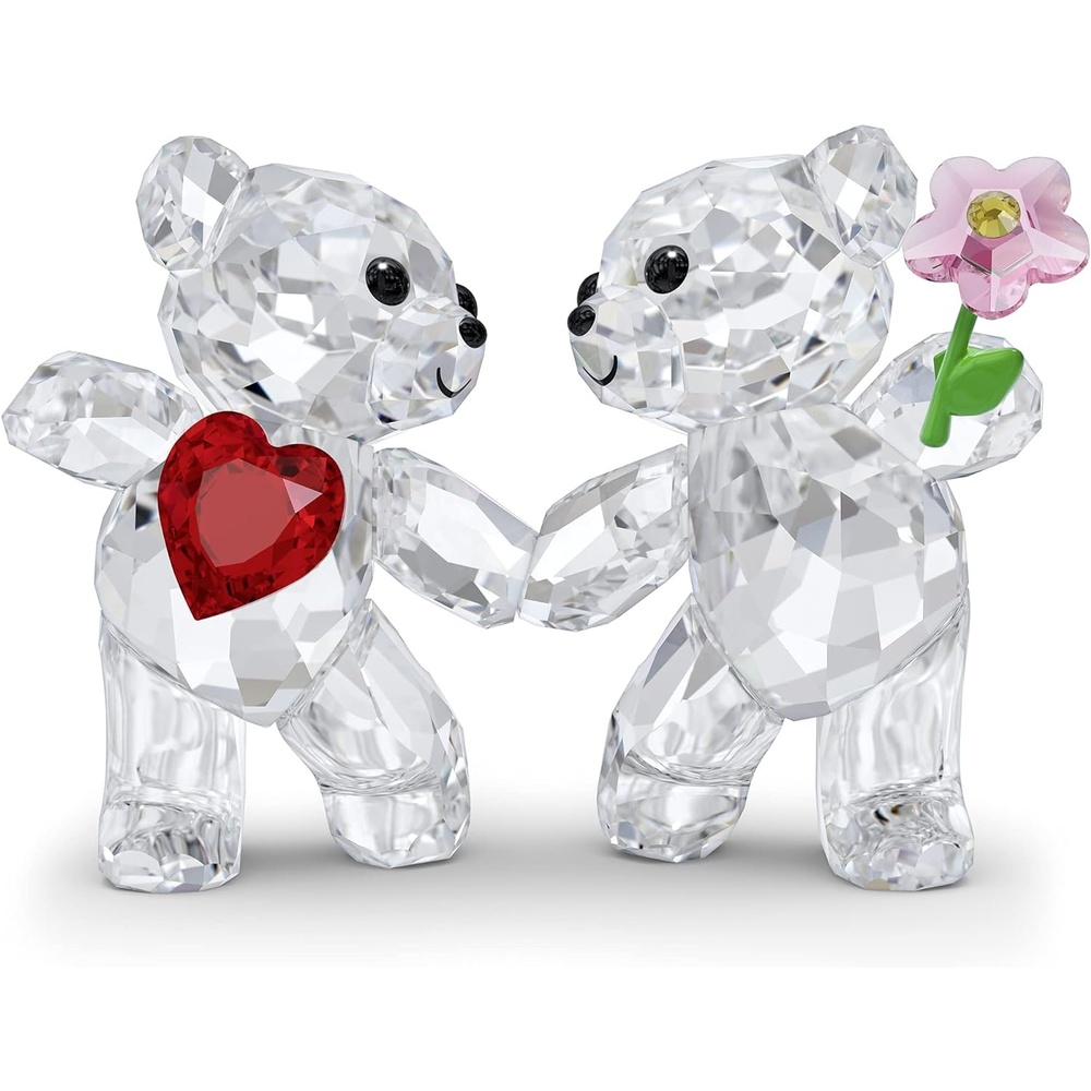 image:imageSWAROVSKI Kris Bears Happy Together Figurine Set Clear Swarovski Crystal with a Red Heart and Pink Flower Accent Part of the Swarovski Kris Bears Collection