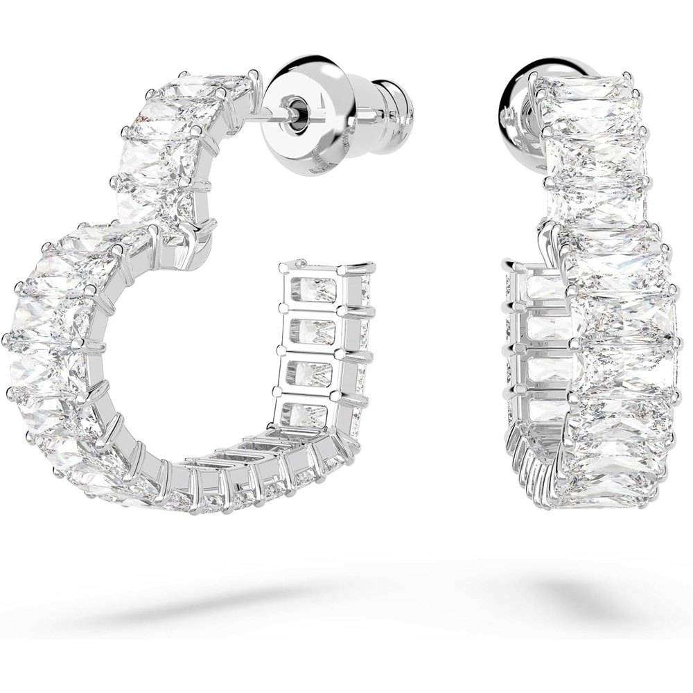 image:imageSwarovski Matrix Hoop Earrings Baguette Cut Heart Pink Clear Crystals Rhodium and GoldTone FinishesClear Crystal Rhodium Finish