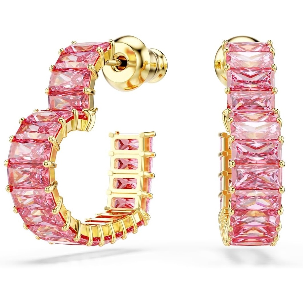 image:imageSwarovski Matrix Hoop Earrings Baguette Cut Heart Pink Clear Crystals Rhodium and GoldTone FinishesPink Crystal