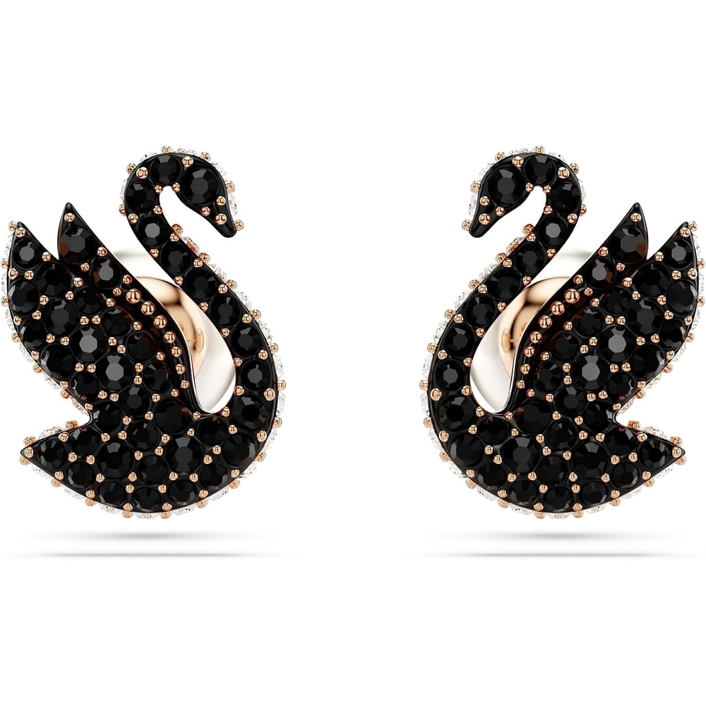 image:imageSwarovski Swan Stud Earrings Swan Motif with Black Pav Crystals and Pearl Closure in a Rose GoldTone Finished Setting Part of the Swarovski Swan Collection
