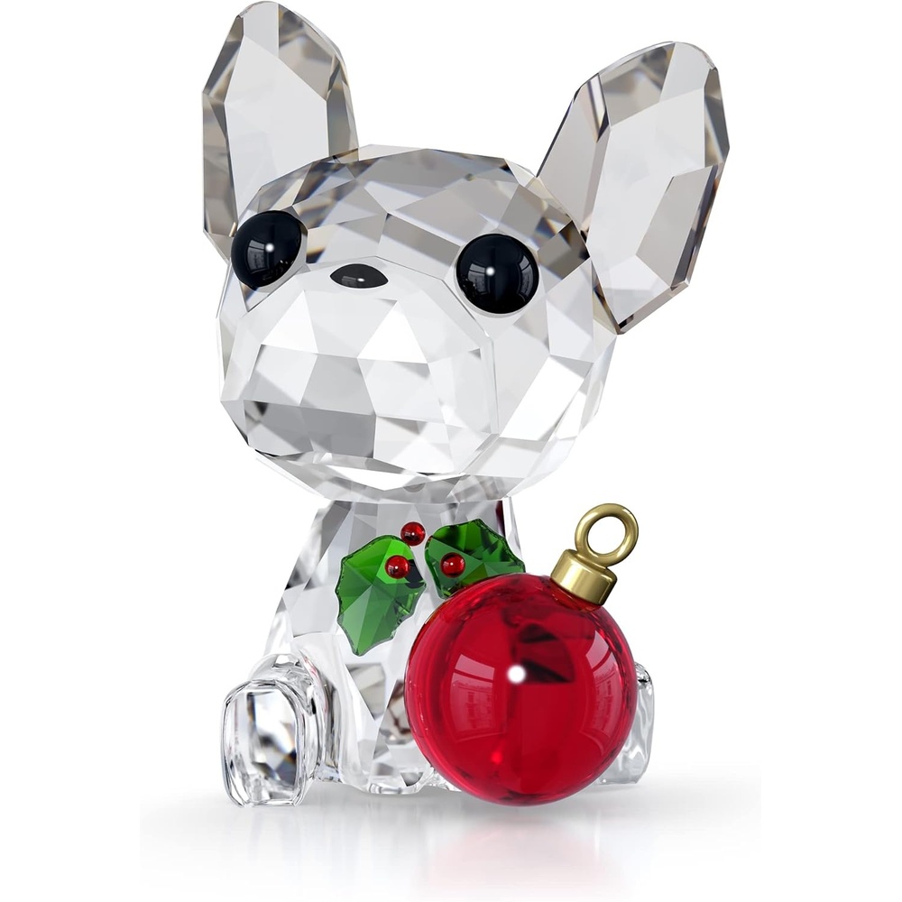 image:imageSwarovskis Holiday Cheers French Bulldog Ornament Green and Red Crystals Part of the Holiday Cheers Collection